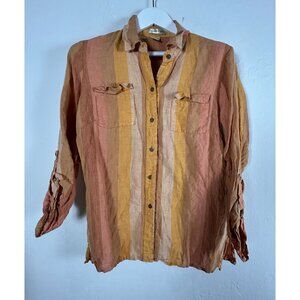 Ecologie e-col-o-gie Womens Striped Button Up Linen Shirt Large Roll-Tab Sleeve